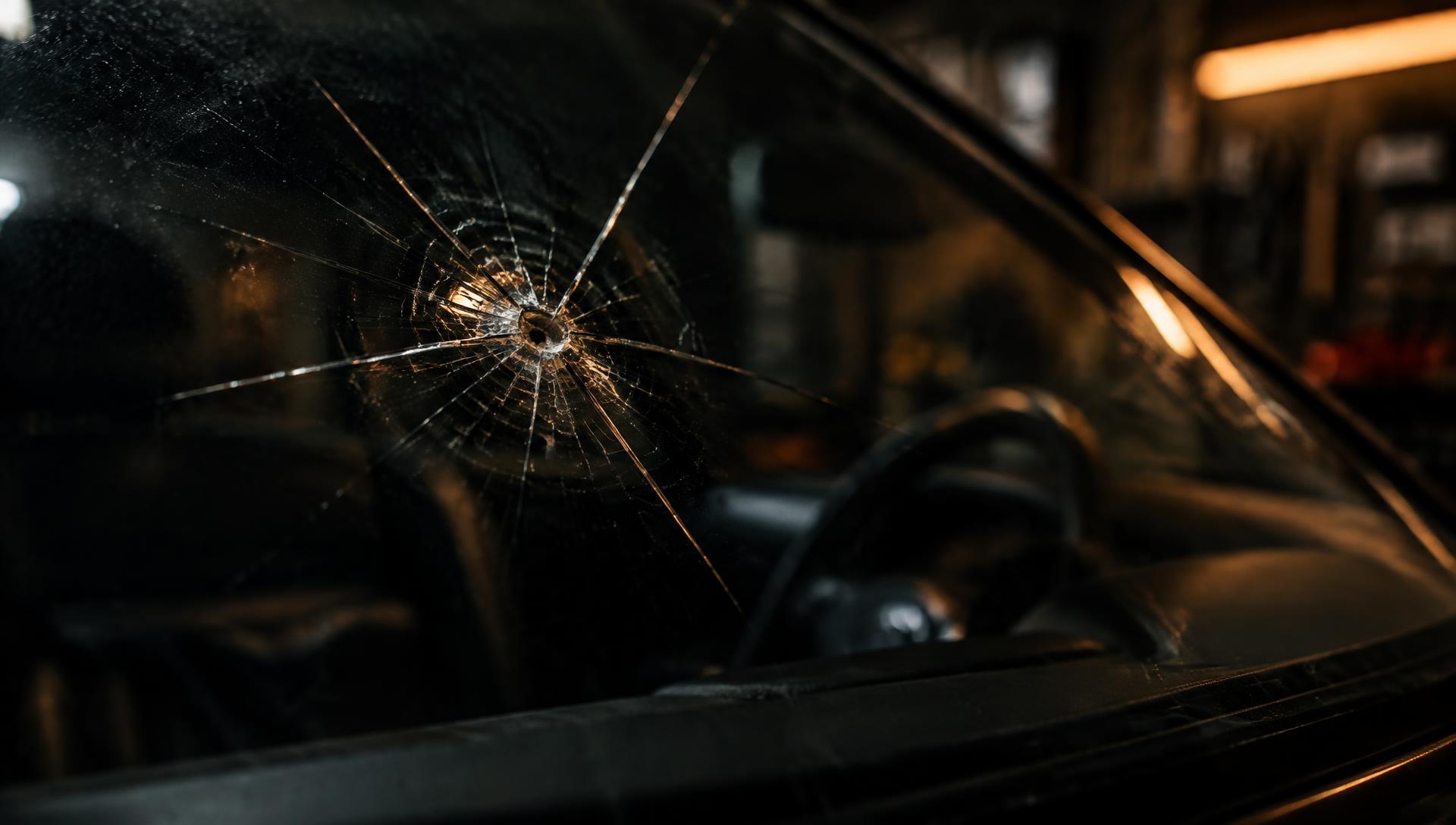 Close-up of a stone chip in a windscreen